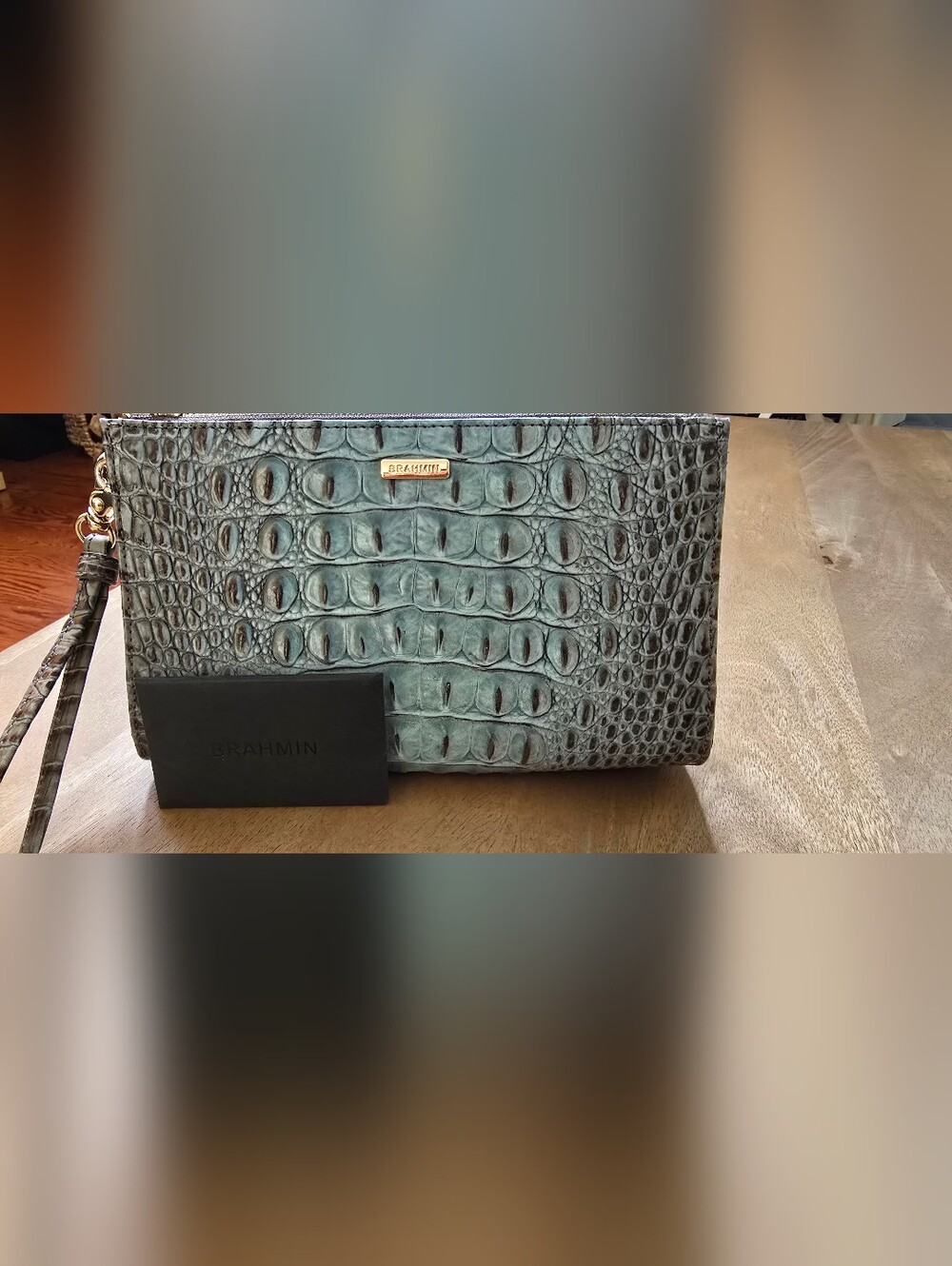 Brahmin Daisy Croc Embossed Leather Wristlet Blue Patina w/ Cards